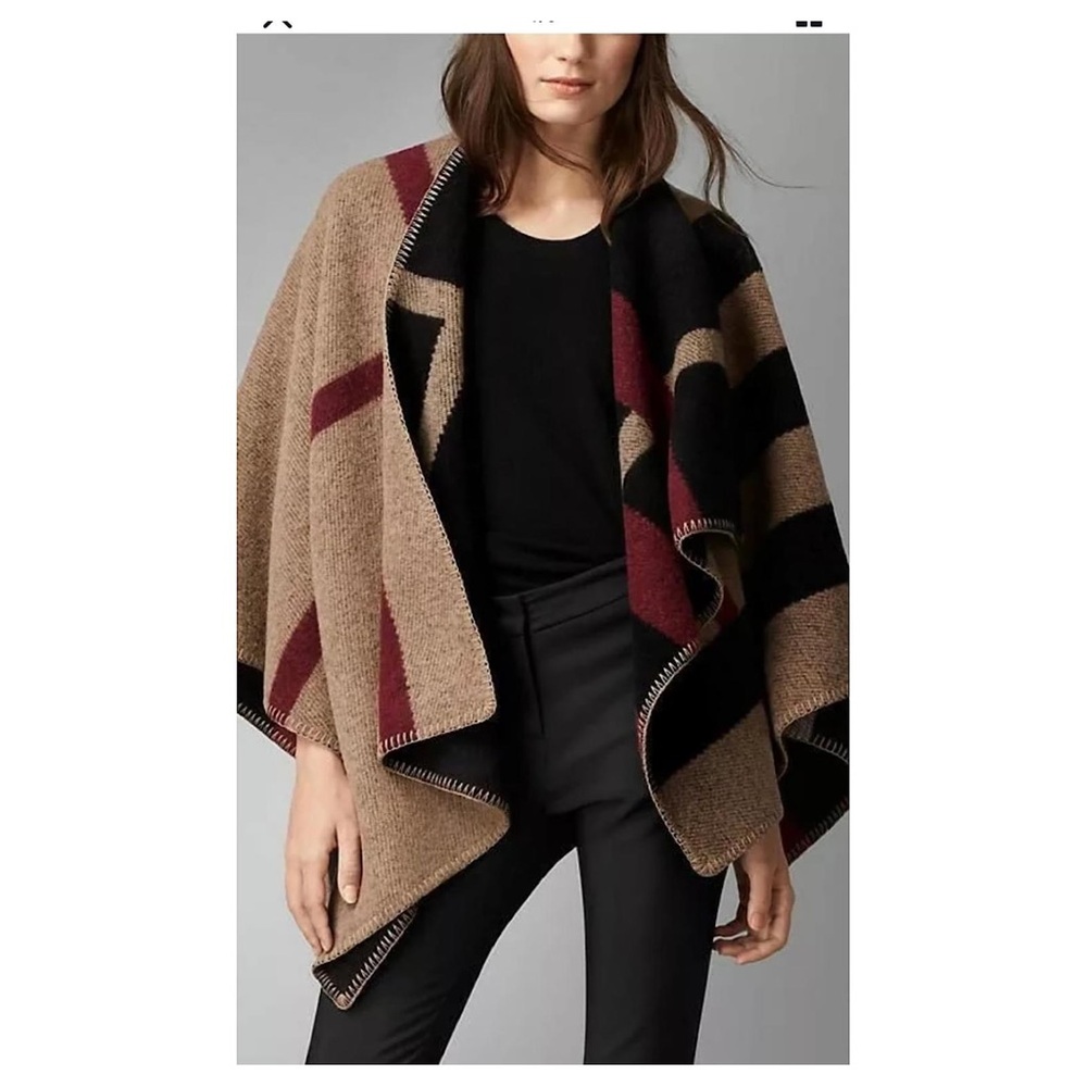 Burberry Burgundy and Black Wool Poncho